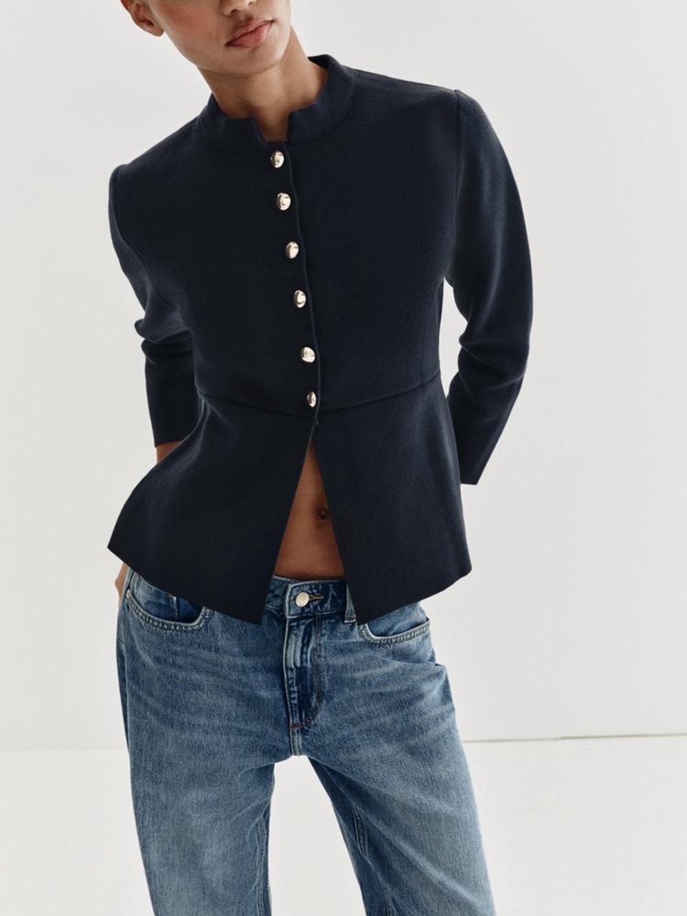Zara Navy Peplum Blazer with Gold Buttons
